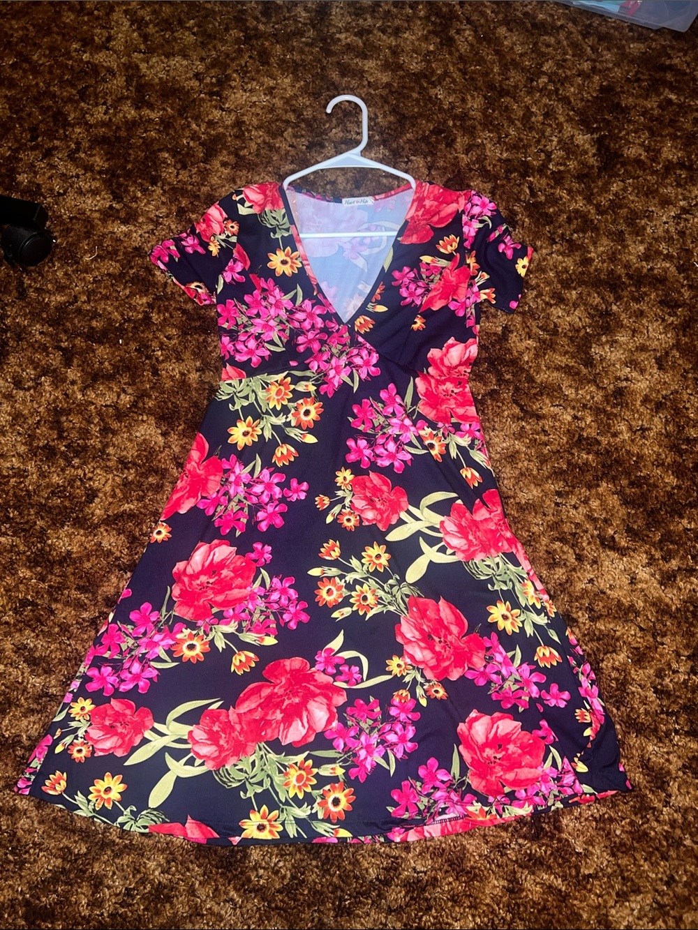 Floral V-Neck A-Line Dress — Black with Pink & Red Flowers